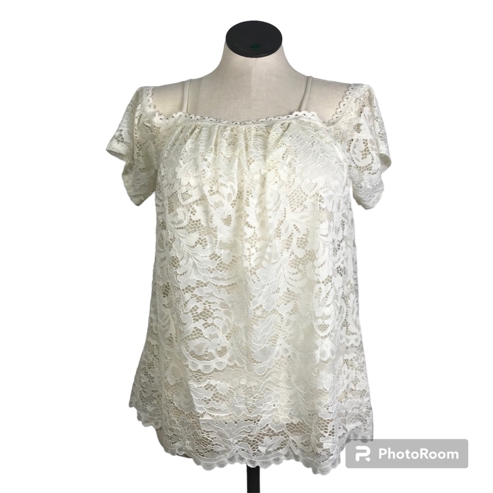XHILARATION Womens Lace Off Shoulder Blouse Short Sleeve Size S Color Ivory